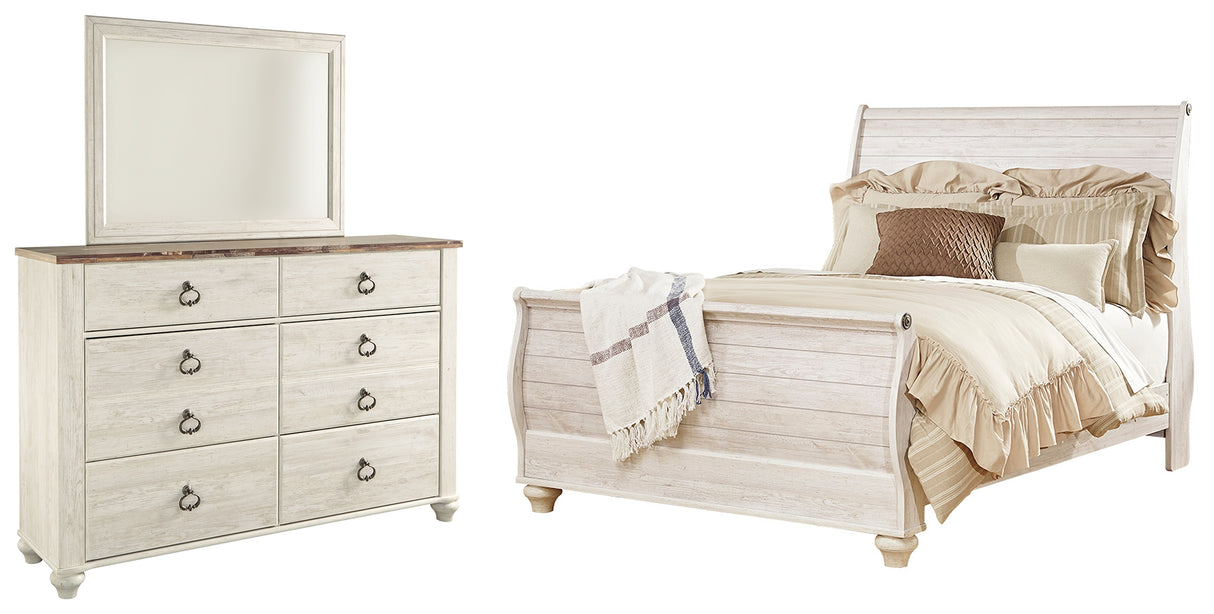 Willowton Queen Sleigh Bed with Mirrored Dresser in Whitewash from Ashley - Luna Furniture