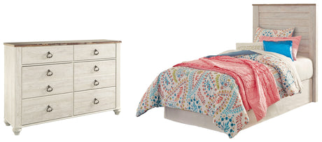 Willowton Twin Panel Headboard Bed with Dresser in Whitewash - PKG004278