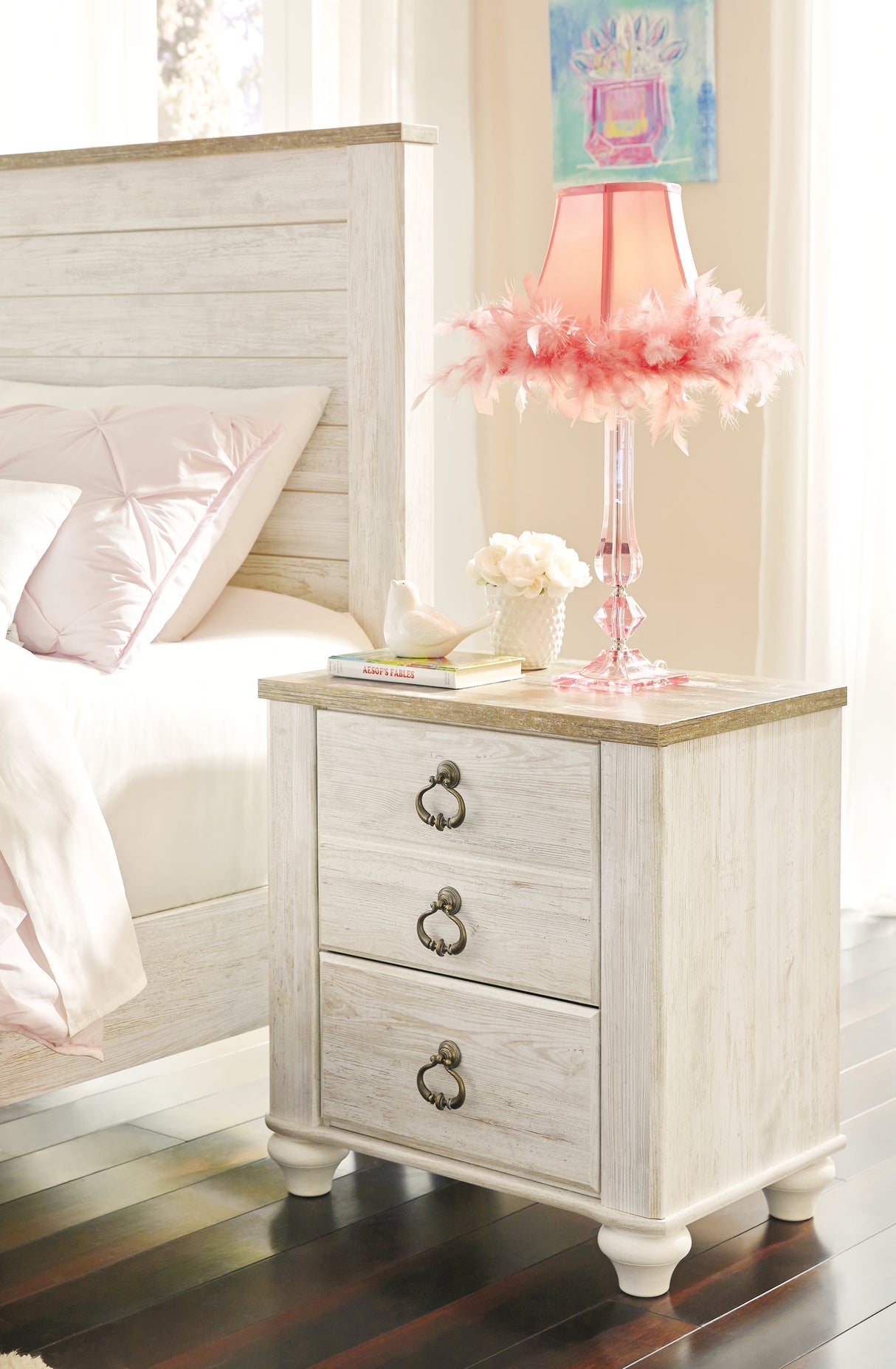 Willowton Twin Panel Headboard Bed with Mirrored Dresser and 2 Nightstands in Whitewash from Ashley - Luna Furniture