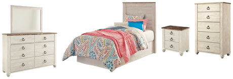 Willowton Twin Panel Headboard Bed with Mirrored Dresser, Chest and Nightstand in Whitewash from Ashley - Luna Furniture