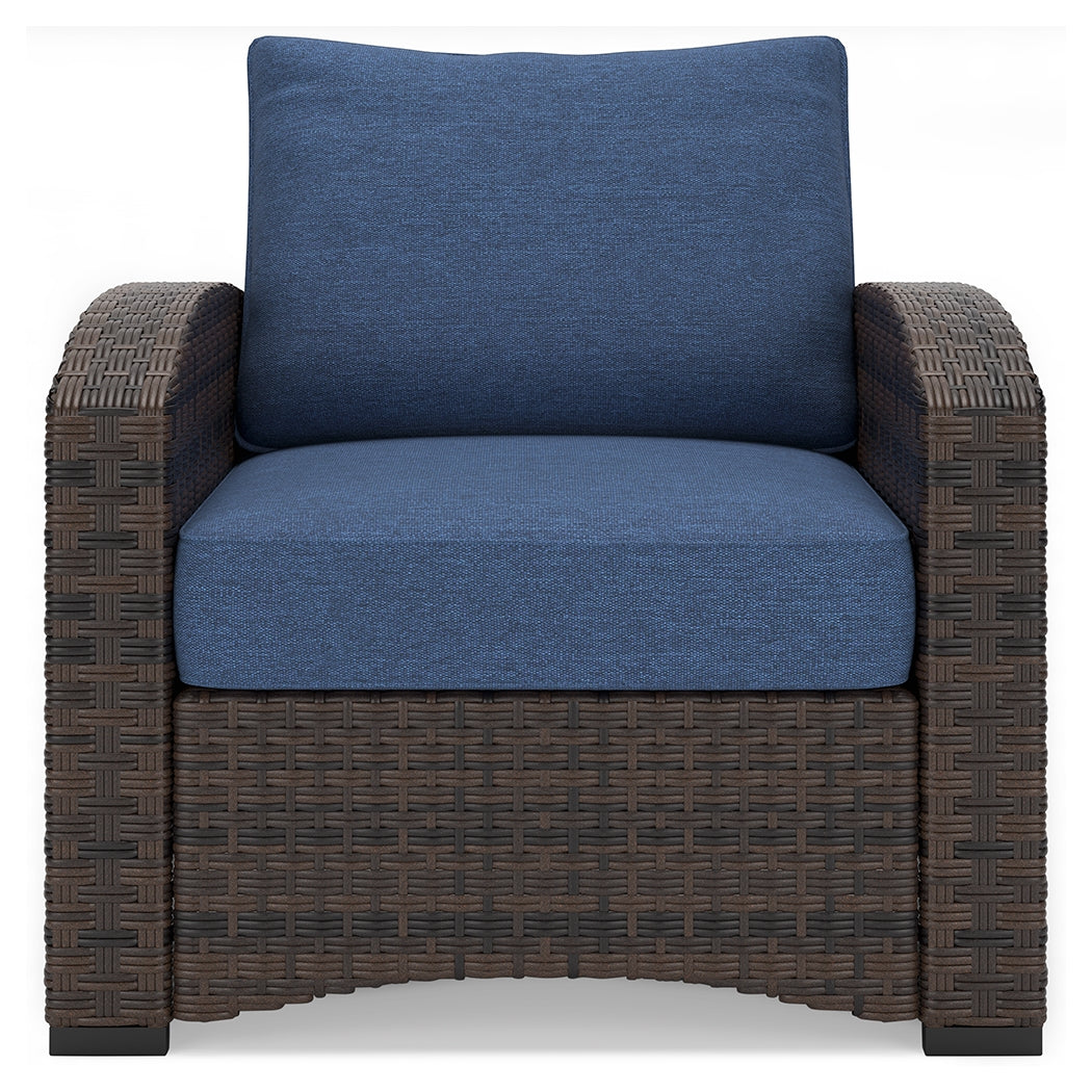 Windglow Outdoor Loveseat and 2 Chairs with Coffee Table in Blue/Brown from Ashley - Luna Furniture