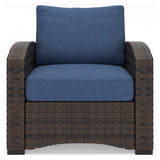 Windglow Outdoor Loveseat and 2 Chairs with Coffee Table in Blue/Brown from Ashley - Luna Furniture