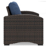 Windglow Outdoor Loveseat and 2 Chairs with Coffee Table in Blue/Brown from Ashley - Luna Furniture