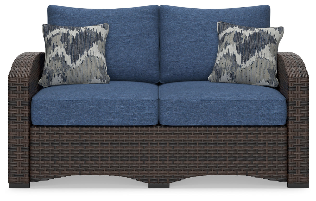 Windglow Outdoor Loveseat and 2 Chairs with Coffee Table in Blue/Brown from Ashley - Luna Furniture