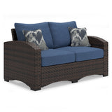 Windglow Outdoor Loveseat and 2 Chairs with Coffee Table in Blue/Brown from Ashley - Luna Furniture