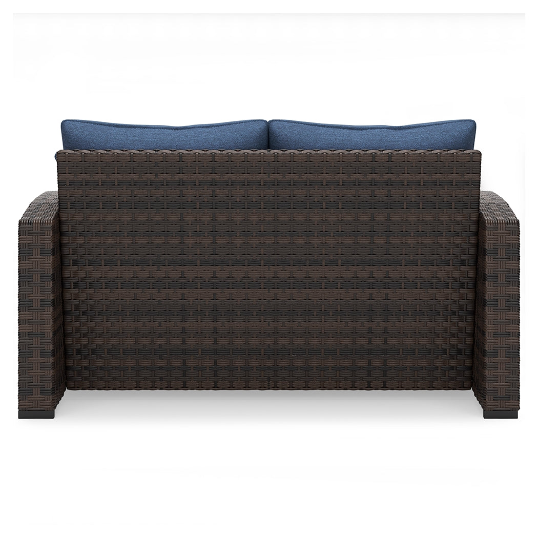 Windglow Outdoor Loveseat and 2 Chairs with Coffee Table in Blue/Brown from Ashley - Luna Furniture