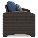 Windglow Outdoor Loveseat and 2 Chairs with Coffee Table in Blue/Brown from Ashley - Luna Furniture