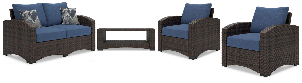 Windglow Outdoor Loveseat and 2 Chairs with Coffee Table in Blue/Brown from Ashley - Luna Furniture