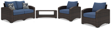 Windglow Outdoor Loveseat and 2 Chairs with Coffee Table in Blue/Brown - PKG016789