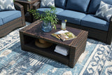 Windglow Outdoor Loveseat and 2 Chairs with Coffee Table in Blue/Brown from Ashley - Luna Furniture