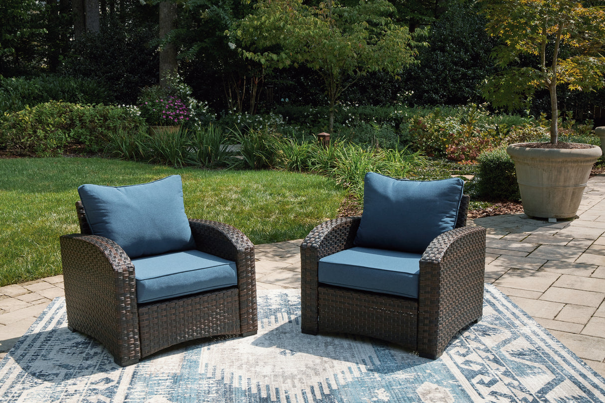 Windglow Outdoor Loveseat and 2 Chairs with Coffee Table in Blue/Brown from Ashley - Luna Furniture