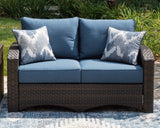 Windglow Outdoor Loveseat and 2 Chairs with Coffee Table in Blue/Brown from Ashley - Luna Furniture