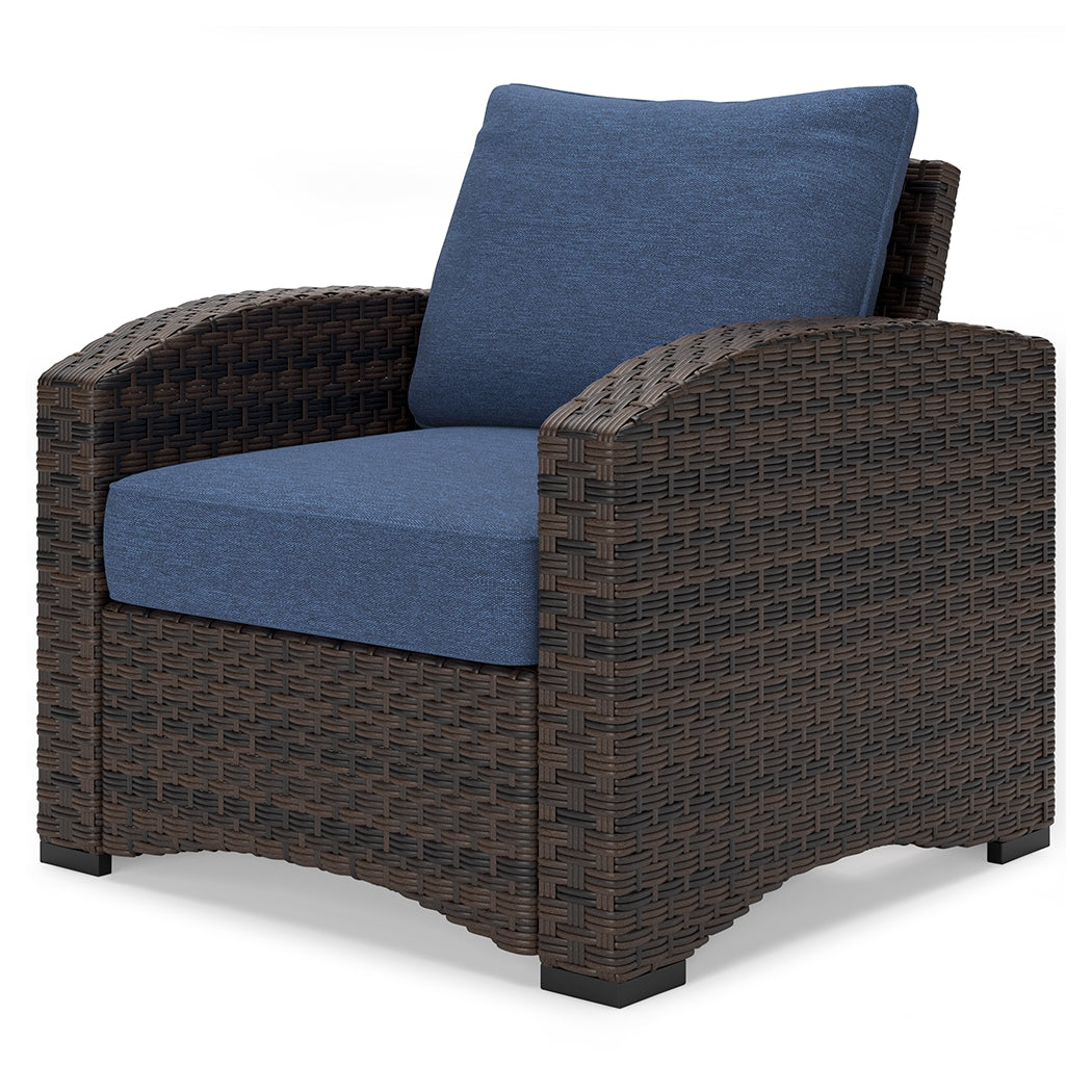 Windglow Outdoor Loveseat and 2 Chairs with Coffee Table in Blue/Brown from Ashley - Luna Furniture