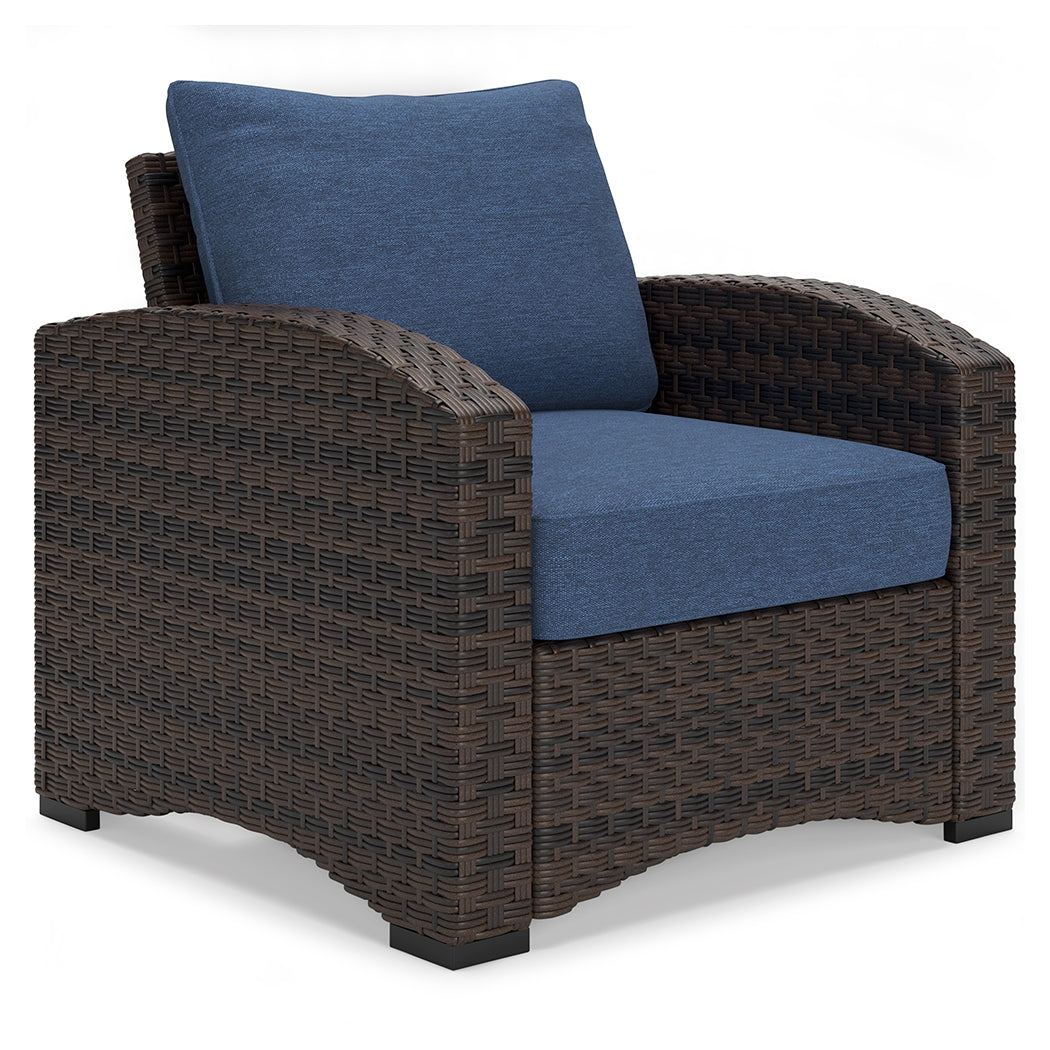 Windglow Outdoor Loveseat and 2 Chairs with Coffee Table in Blue/Brown from Ashley - Luna Furniture