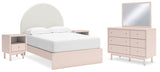 Wistenpine Full Upholstered Panel Bed with Mirrored Dresser and 2 Nightstands in Blush - PKG018939