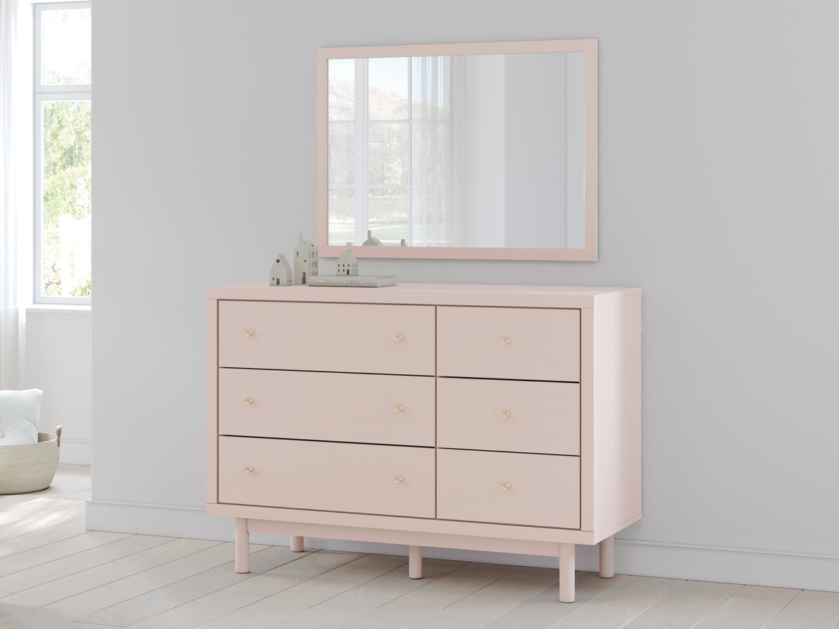 Wistenpine Full Upholstered Panel Bed with Mirrored Dresser and 2 Nightstands in Blush - PKG018939