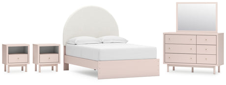 Wistenpine Full Upholstered Panel Bed with Mirrored Dresser and 2 Nightstands in Blush from Ashley - Luna Furniture