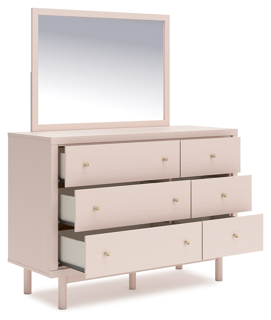 Wistenpine Full Upholstered Panel Bed with Mirrored Dresser and 2 Nightstands in Blush - PKG018939