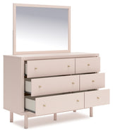 Wistenpine Full Upholstered Panel Bed with Mirrored Dresser and 2 Nightstands in Blush - PKG018939