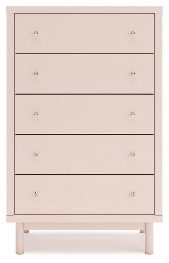 Wistenpine Full Upholstered Panel Bed with Mirrored Dresser and Chest in Blush - PKG018724