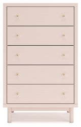 Wistenpine Full Upholstered Panel Bed with Mirrored Dresser and Chest in Blush - PKG018724