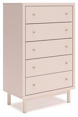 Wistenpine Full Upholstered Panel Bed with Mirrored Dresser and Chest in Blush - PKG018724