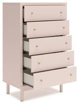 Wistenpine Full Upholstered Panel Bed with Mirrored Dresser and Chest in Blush - PKG018724