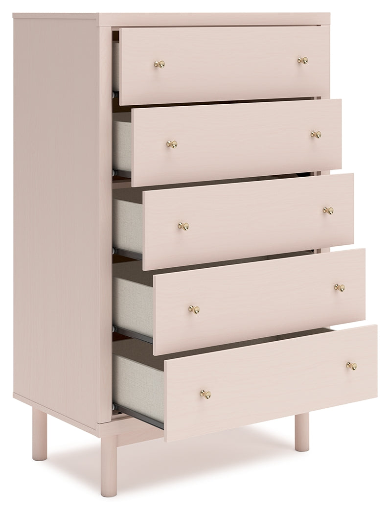 Wistenpine Full Upholstered Panel Bed with Mirrored Dresser and Chest in Blush from Ashley - Luna Furniture