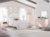 Wistenpine Full Upholstered Panel Bed with Mirrored Dresser and Chest in Blush - PKG018724