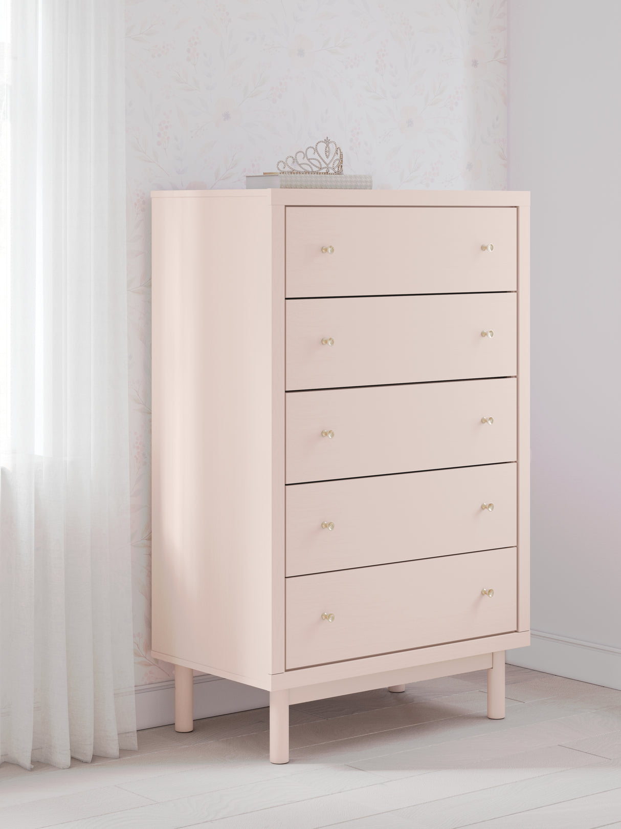 Wistenpine Full Upholstered Panel Bed with Mirrored Dresser and Chest in Blush - PKG018724