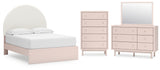 Wistenpine Full Upholstered Panel Bed with Mirrored Dresser and Chest in Blush from Ashley - Luna Furniture