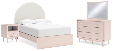 Wistenpine Full Upholstered Panel Bed with Mirrored Dresser and Nightstand in Blush - PKG018723