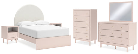 Wistenpine Full Upholstered Panel Bed with Mirrored Dresser, Chest and 2 Nightstands in Blush - PKG018940