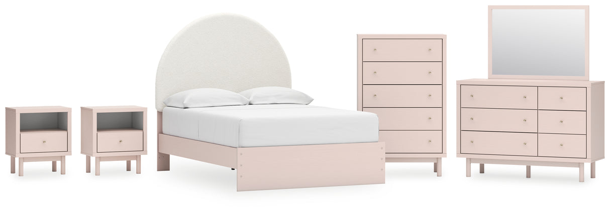 Wistenpine Full Upholstered Panel Bed with Mirrored Dresser, Chest and 2 Nightstands in Blush from Ashley - Luna Furniture