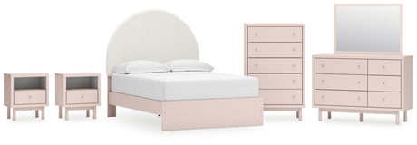 Wistenpine Full Upholstered Panel Bed with Mirrored Dresser, Chest and 2 Nightstands in Blush from Ashley - Luna Furniture