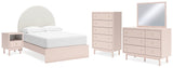 Wistenpine Full Upholstered Panel Bed with Mirrored Dresser, Chest and Nightstand in Blush - PKG018725