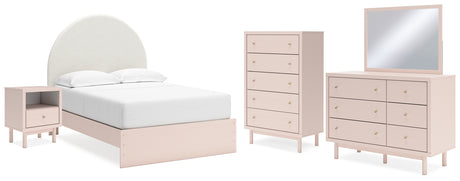 Wistenpine Full Upholstered Panel Bed with Mirrored Dresser, Chest and Nightstand in Blush - PKG018725