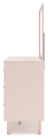 Wistenpine Full Upholstered Panel Bed with Mirrored Dresser, Chest and Nightstand in Blush - PKG018725