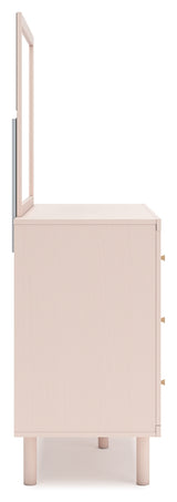 Wistenpine Full Upholstered Panel Bed with Mirrored Dresser, Chest and Nightstand in Blush - PKG018725