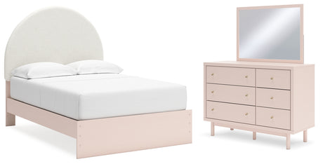 Wistenpine Full Upholstered Panel Bed with Mirrored Dresser in Blush - PKG018722