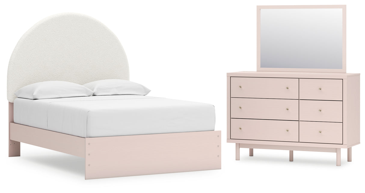 Wistenpine Full Upholstered Panel Bed with Mirrored Dresser in Blush from Ashley - Luna Furniture