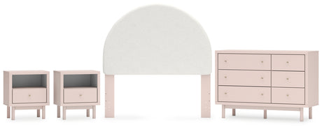 Wistenpine Full Upholstered Panel Headboard with Dresser and 2 Nightstands in Blush - PKG018933