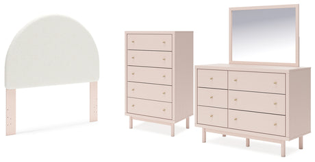 Wistenpine Full Upholstered Panel Headboard with Mirrored Dresser and Chest in Blush - PKG018714