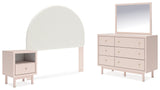 Wistenpine Full Upholstered Panel Headboard with Mirrored Dresser and Nightstand in Blush - PKG018713