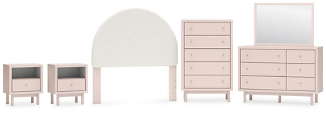 Wistenpine Full Upholstered Panel Headboard with Mirrored Dresser, Chest and 2 Nightstands in Blush - PKG018932