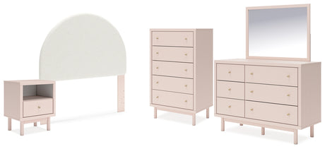 Wistenpine Full Upholstered Panel Headboard with Mirrored Dresser, Chest and Nightstand in Blush - PKG018715