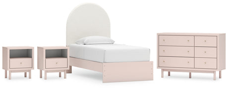 Wistenpine Twin Upholstered Panel Bed with Dresser and 2 Nightstands in Blush from Ashley - Luna Furniture