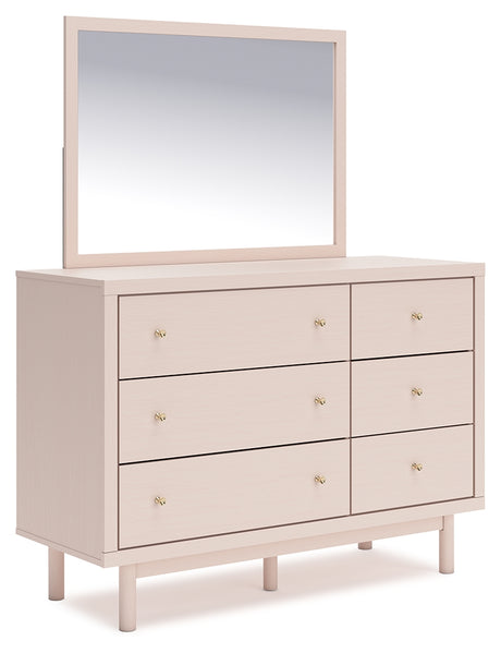 Wistenpine Twin Upholstered Panel Bed with Mirrored Dresser and 2 Nightstands in Blush - PKG018935