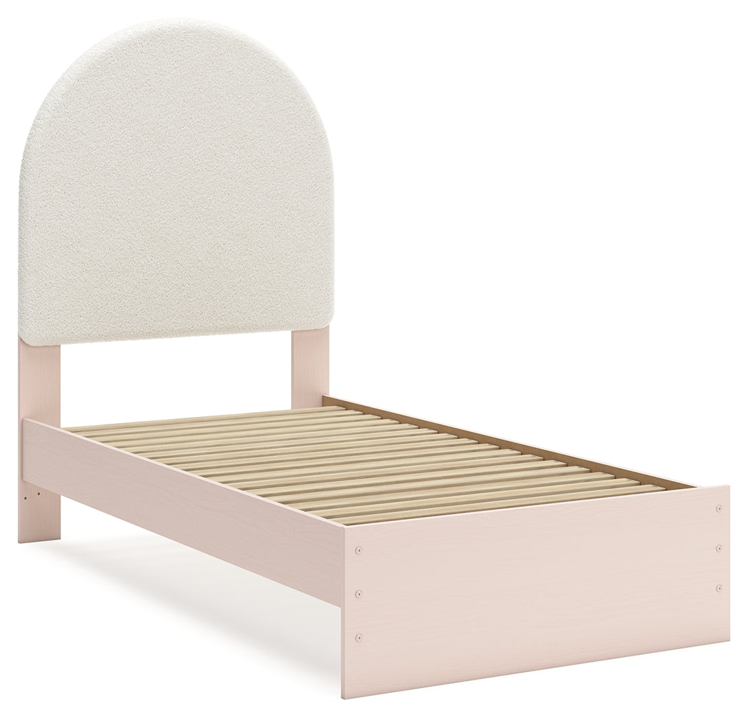 Wistenpine Twin Upholstered Panel Bed with Mirrored Dresser and 2 Nightstands in Blush - PKG018935