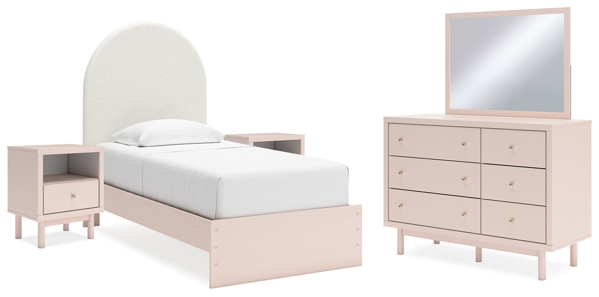 Wistenpine Twin Upholstered Panel Bed with Mirrored Dresser and 2 Nightstands in Blush - PKG018935